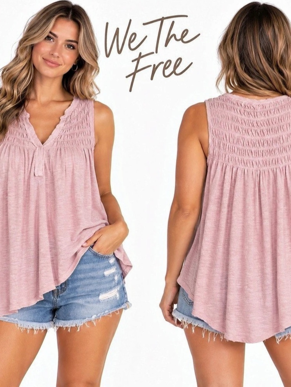 We The Free Pink Smocked Babydoll Tank Top Raw Hem Swing XS Free People